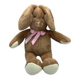 Vtg Easter Brown Plush Bunny Stuffed Animal 16” Pink Polka Dot Bow Commonwealth